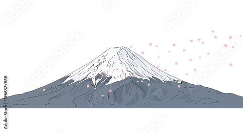 Mt Fuji with Falling Cherry Blossom Petals Illustration