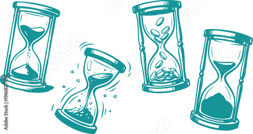 Hand Drawn Hourglass Silhouette Vector Illustration Set with Sand Timer Time Concept and Vintage Countdown Design.