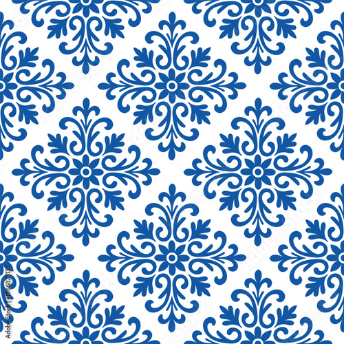 Seamless blue mosaic pattern with ornate floral ceramic tiles in Mediterranean style, perfect for vintage design projects and decorative backgrounds with intricate patterns