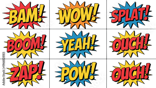 Bright pop art comic bursts set with bam wow boom zap pow text effects arranged in grid layout vector design