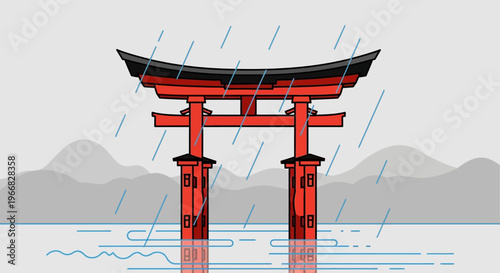 Red Torii Gate in Rain Illustration