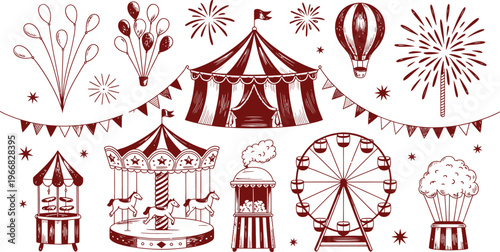 Hand-drawn doodle of a carnival and circus theme in reddish-brown