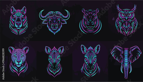 Tribal animal spirit vector bundle, 9 animals in neon retro style (capybara, buffalo, hippopotamus, cheetah, leopard, hyena, zebra, rhino, elephant), glowing gradients (cyan, magenta, purple)