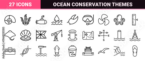 Maritime and Ocean Conservation Minimalist Line Art Graphic Symbols for Professional UI UX Design Projects