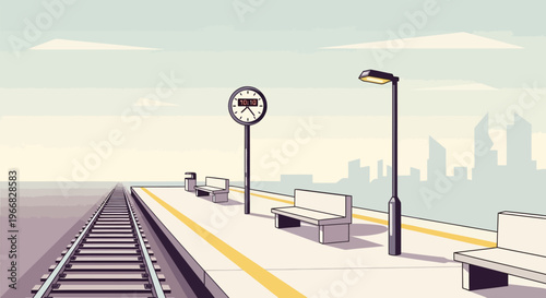 Pixel Art Railway Station Platform with City Skyline Background