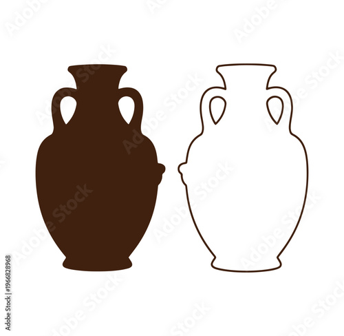 Two brown silhouettes of ancient style clay vases with handles on white background