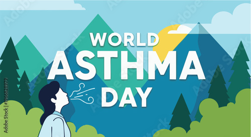 Woman with asthma inhaler in profile view on World Asthma Day in flat colorful illustration for healthcare awareness