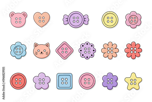  Colorful sewing buttons in various shapes and sizes. Round, square, triangle, star, and heart-shaped plastic fasteners for dress, shirt, pants, and jacket apparel projects.