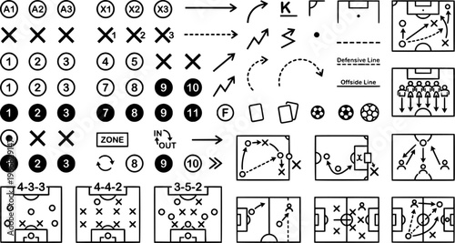 Vector icons for soccer strategy, football tactics, and comprehensive game planning elements