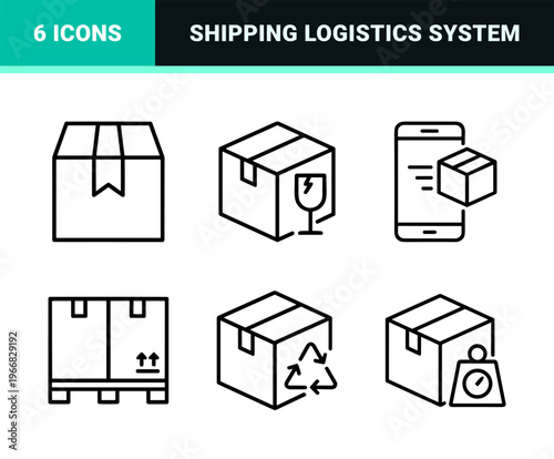Minimalist Logistics and Delivery Monoline Outline Icons featuring Geometric Package Tracking, Shipping, and E-commerce Supply Chain Symbols.