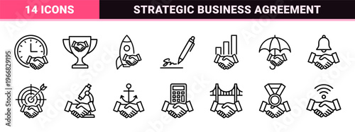 Business Partnership and Strategic Agreement Line Art. High-end Minimalist monoline geometric icons for corporate deals and collaboration.