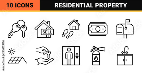 Real Estate and Property Management Thin Line Icon Set featuring minimalist Monoline House, Finance, and Home Service Symbols.