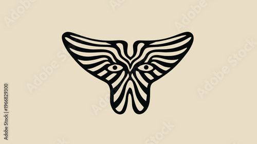 Stylized abstract symmetrical face or animal mask illustration with black striped patterns and eyes on a light background. Graphic design.