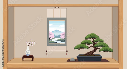 Traditional Japanese Tokonoma Alcove with Bonsai Tree and Hanging Scroll