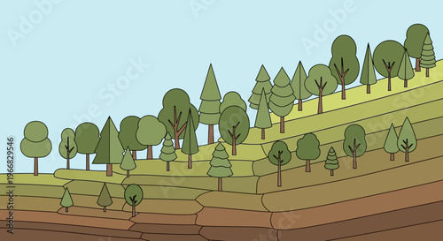 Stylized illustration of diverse trees on a layered hillside.