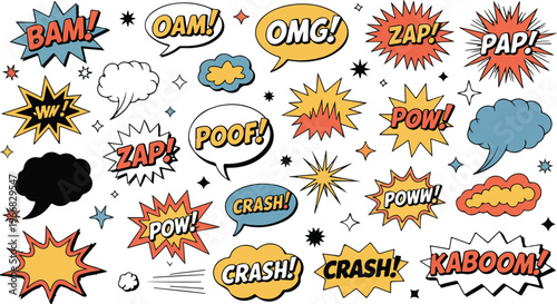 Comic style explosion pattern with colorful sound effect words and speech bubbles dynamic pop art vector background design