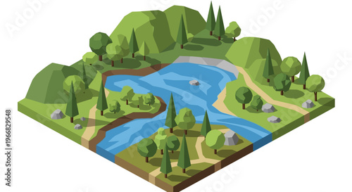 Low Poly Landscape with River and Trees.