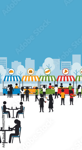 Street Food Festival with People Dining and Colorful Stalls