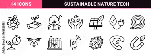 Sustainable Botany and Eco Technology Thin Line Icons for Clean Energy Environment and Green Industry Projects