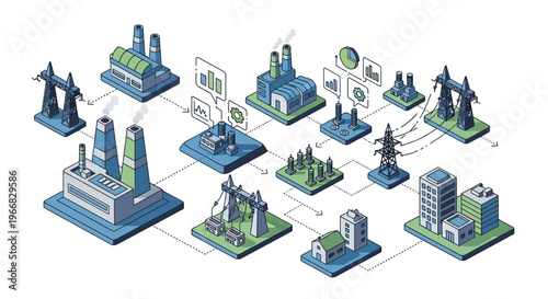Industrial energy grid network illustration with factories and power lines.