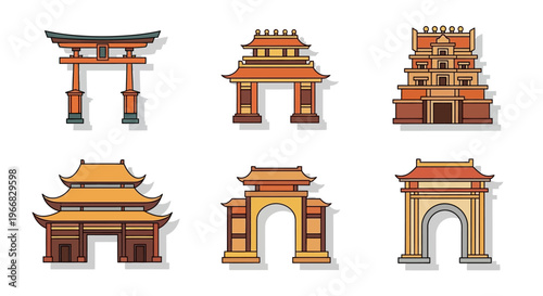 Set of Traditional Asian Architectural Gates and Pagodas