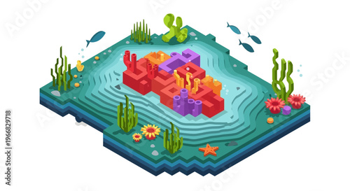 Colorful coral reef ecosystem with small fish swimming around.