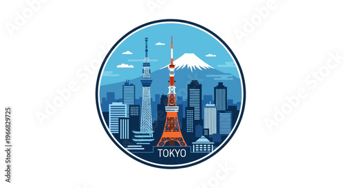 Tokyo City Skyline Illustration with Mount Fuji Landmark