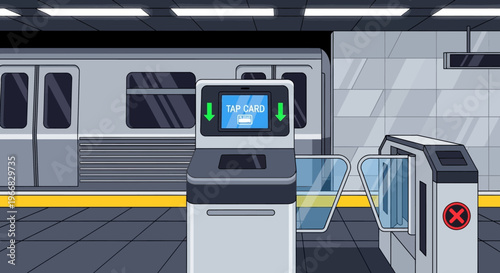 Subway Station Entrance with Automated Ticket Gate and Train Platform