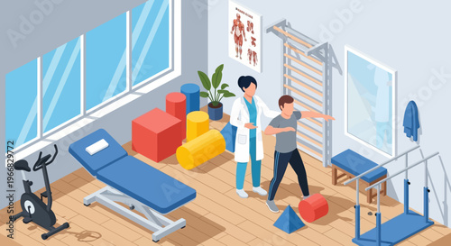 Physical therapist assisting patient with rehabilitation exercises in a clinic.