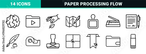 Paper Industry and Stationery Geometric Line Art Outline Symbols Featuring Minimalist Document Processing and Office Supply Graphic Elements.