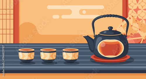Traditional Asian Tea Set Illustration with Teapot and Cups