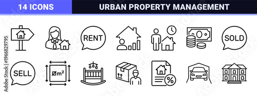 Real Estate and Property Management minimalist Monoline Icon Set featuring Geometric Line Art for Commercial Agency Marketing Design