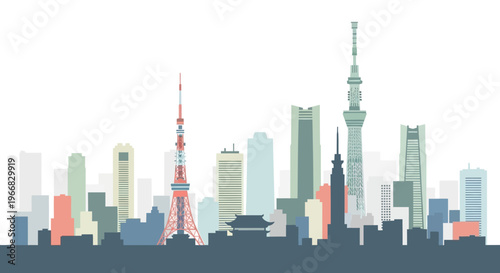 Tokyo City Skyline Silhouette with Iconic Landmarks