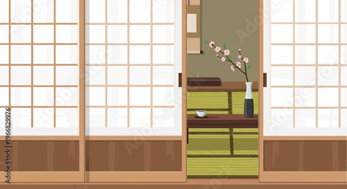 Traditional Japanese Room Interior with Shoji Sliding Doors and Cherry Blossom Decor