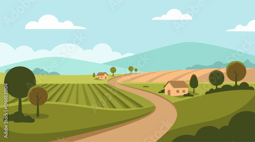 Flat design rural landscape illustration with fields, houses, trees, and road