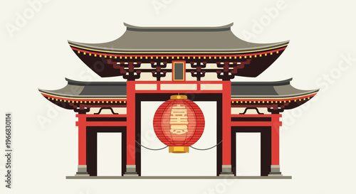 Traditional Asian Temple Gate with Hanging Red Lantern