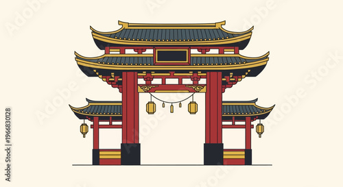 Traditional Chinese Gate Illustration with Hanging Lanterns