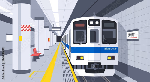 Tokyo Subway Train Arriving at Underground Station Platform