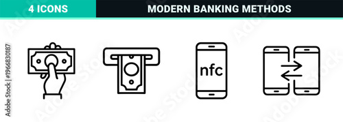 Financial Technology and Digital Payment Methods Minimalist Monoline Icon Set featuring Geometric Line Art for Mobile Banking Apps