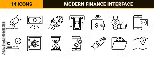 Fintech and Digital Payment Monoline Icon Set featuring Minimalist Geometric Line Art for Banking, E-commerce, and Global Finance Apps.