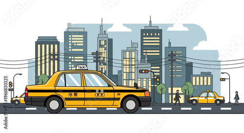Yellow Taxi Cab Driving on City Street with Urban Skyline Background