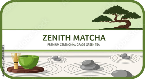 Zenith Matcha Premium Green Tea Branding Design with Bonsai and Zen Garden Elements