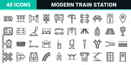 Railway Transit and Rail Logistics Line Art Graphics Featuring Minimalist Train Infrastructure and Public Transportation Station Symbols