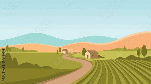 Minimalist farm landscape illustration with rolling hills, fields, and road