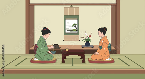 Two Women Performing a Traditional Japanese Tea Ceremony in a Tatami Room