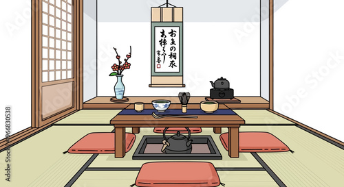 Traditional Japanese Tea Ceremony Room with Tatami Mats and Low Table