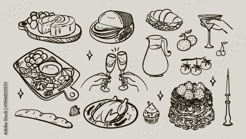 Hand drawn crayon birthday party food and drink vector set with roast turkey, cake, cheese board, and champagne clinking. Line art illustration of gourmet feast for menu or invitation design.