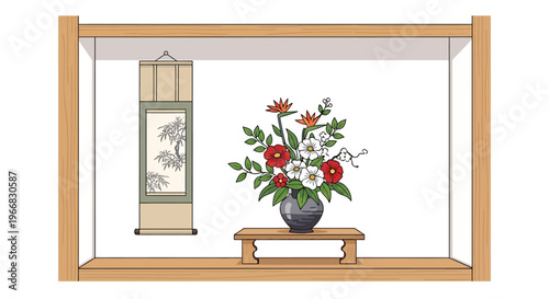Traditional Japanese Tokonoma Alcove with Floral Arrangement and Hanging Scroll