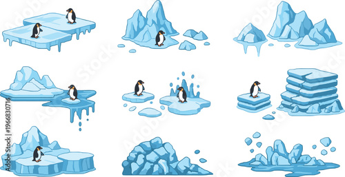 Penguin on Iceberg and Glacier Icon Set with Frozen Terrain, Snowy Landscapes, Ice Mountains, and Polar Exploration Scenes.