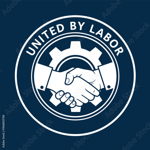 Handshake and gear logo design symbolizing unity and teamwork in labor